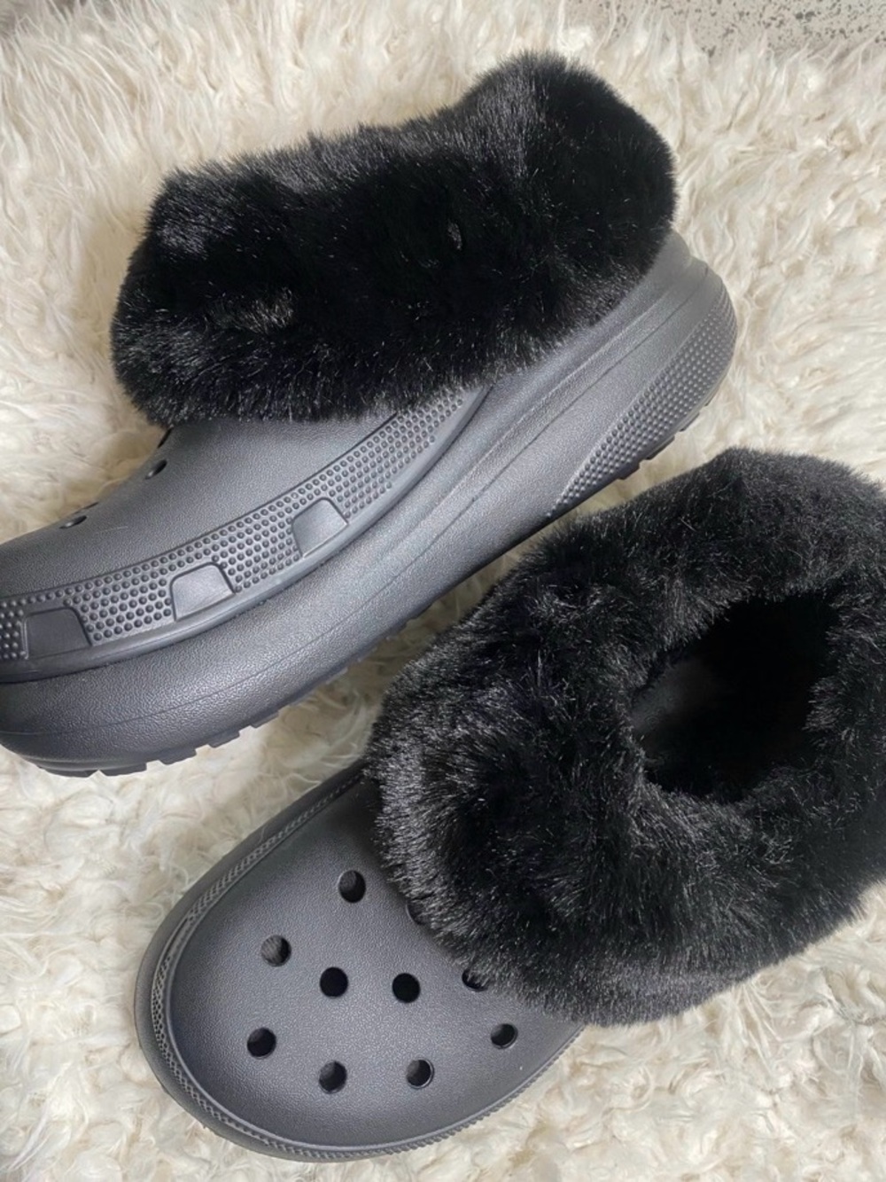 CROCS Black Faux Fur Lined Platform Clog Mules